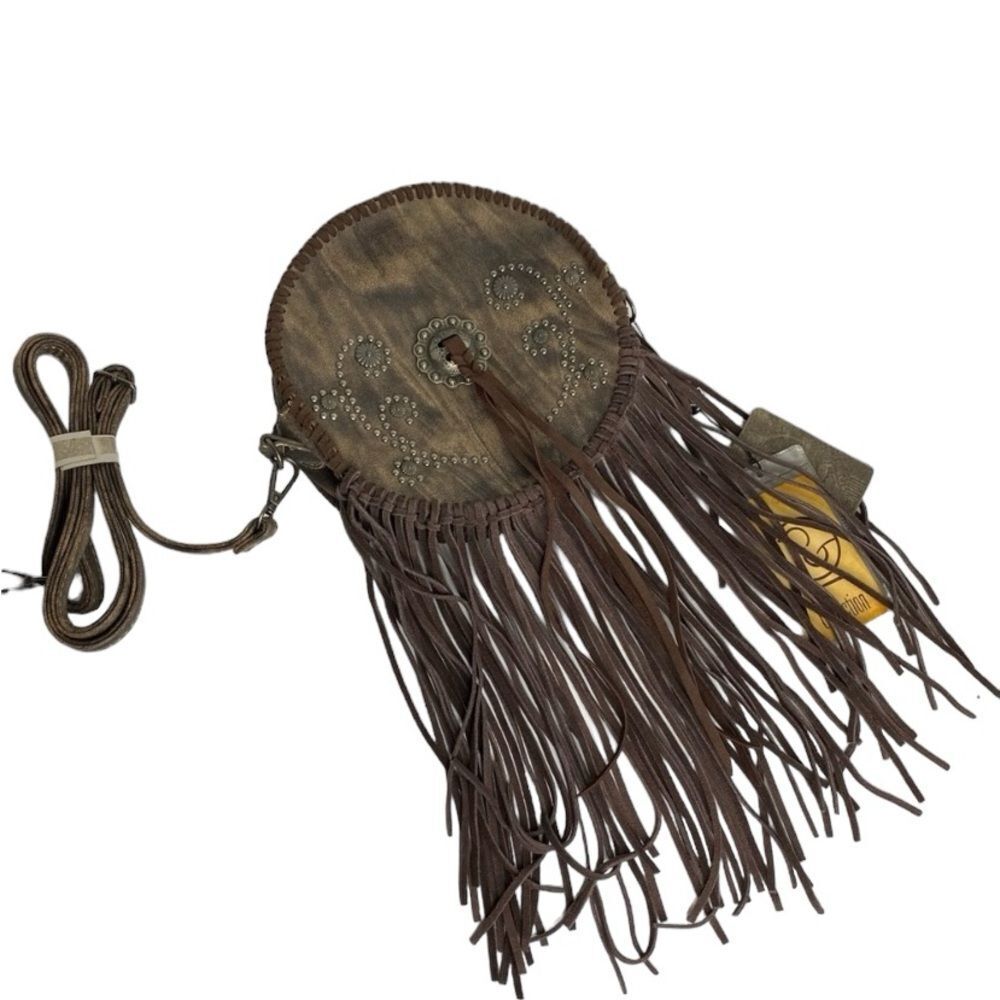 P&G Crossbody Bag Purse Women’s Brown Boho Western Cowgirl Fringe Circular Vegan